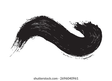 A bold, S-shaped black paint brush stroke, exhibiting a rich, textured surface with visible brush marks, flowing gracefully across a clean white background. This hand-painted grunge element is ideal f