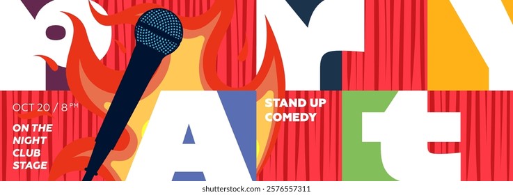 Bold stand up comedy party banner with geometric elements, featuring mic, stage curtain and roast fire. Ideal for advertising comedy shows, open mic nights and live entertainment events.