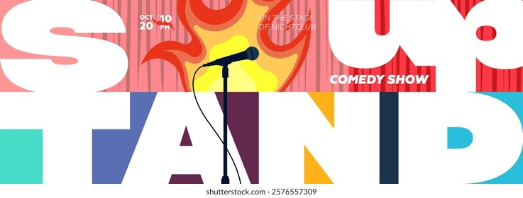 Bold stand up roasting comedy horizontal banner with geometric elements, featuring a microphone, stage and fire. Ideal for promoting open mic nights, comedy shows and entertainment events.