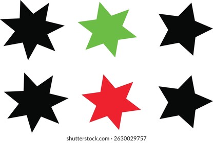 Formas de estrela negrito em preto vermelho e verde Ícones de vetor para decoração e design de férias