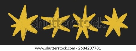 Bold stars set. Chalk texture kids freehand shine twinkle. Crayon hand drawn brush stroke scribble spark. Pastel pencil childish grunge doodle collection. Sketch naive vector illustration isolated