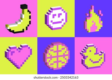 Bold Sticker set in Y2k retro style. Futuristic 3d elements. Bright modern shape for posters. Neon Pixel art. Geometric abstract simple signs. Cool Naive design elements. Voxel, Brutalist, fluoricent