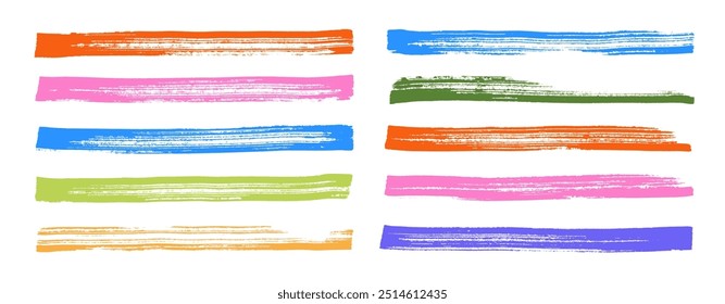 Bold straight brush strokes collection. Rough grunge thick paint lines. Hand drawn colorful stripes, thick smears. Grunge marker highlight underline strokes. Scribble charcoal bold long isolated lines