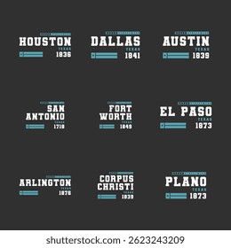 Tipografia vetorial estilo streetwear arrojada com as principais cidades do Texas, EUA. Inclui nomes de cidades, anos de estabelecimento e elementos de banner modernos em um fundo escuro.