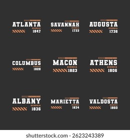 Bold streetwear-style vector typography featuring major cities of Georgia, USA. Includes city names, establishment years, and modern banner elements on a dark background.
