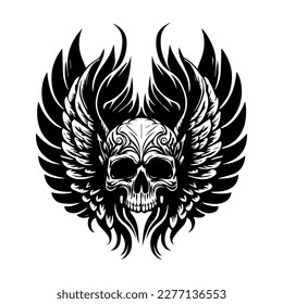 Bold and striking black and white Hand drawn illustration of a chicano skull with wings tattoo design, exuding power and edginess