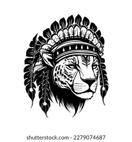 Bold and striking collection of Hand drawn line art illustrations featuring panthers wearing Indian chief head accessories, perfect for any fierce design