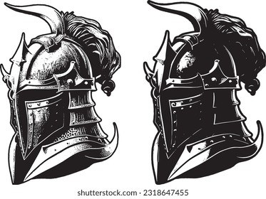 Bold and striking, the Knight Helmet Black and White Vector Grunge art captures the essence of medieval valor in a unique fusion of dark aesthetics and contemporary design.