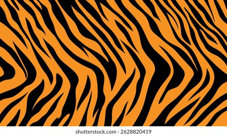 A bold and striking tiger skin pattern illustration vector, featuring realistic black stripes over rich orange and beige tones. Perfect for use in fashion, textiles, and branding.