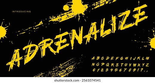 Bold and striking typography showcases the word Adrenalize in a vibrant yellow splatter style. The design features letters and numbers offering a dynamic aesthetic.