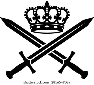 A bold and striking vector graphic featuring a detailed royal crown positioned above two crossed swords. This high-contrast black and white design is perfect for emblems logos or heraldic-themed projects.