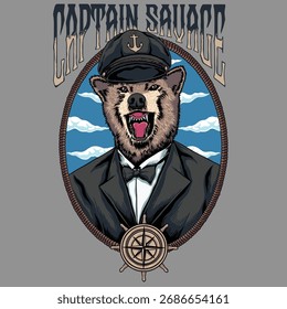 Um retrato vetorial arrojado e impressionante intitulado 'Capitão Savage'. Este design antropomórfico apresenta um lobo feroz vestido com um terno sofisticado, gravata e um chapéu de capitão náutico.