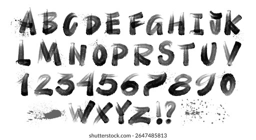 Bold strokes with splashes black alphabet with lowercase, uppercase letters. Brush drawn grunge typography for design, posters. Capital letters in rustic style with thick strokes. Grunge graffiti font