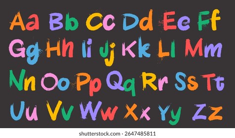 Bold strokes with splashes color alphabet with lowercase, uppercase letters. Capital letters in rustic style with thick strokes. Grunge graffiti font. Brush drawn grunge typography for design, posters