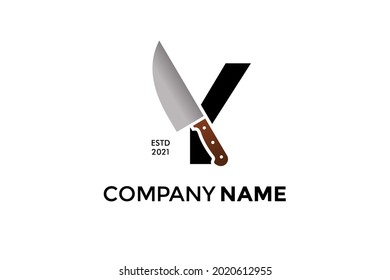 Bold and Strong illustration logo design Initial Y combining with cooking knife. Logo can work as well in a small size and black white color.