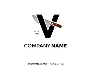 Bold and Strong illustration logo design Initial V combining with cooking knife. Logo can work as well in a small size and black white color.