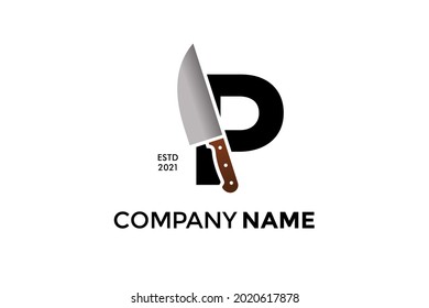 Diseño de logotipo de ilustración audaz y fuerte P inicial que combina con cuchillo de cocina. El logotipo puede funcionar también en un tamaño reducido y en un color blanco negro.