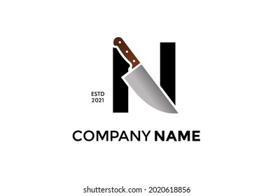 Bold And Strong Illustration Logo Design Initial N Combining With Cooking Knife. Logo Can Work As Well In A Small Size And Black White Color.