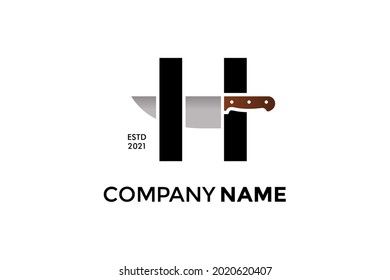Diseño de logotipo de ilustración audaz y fuerte Diseño inicial H que combina con cuchillo de cocina. El logotipo puede funcionar también en un tamaño reducido y en un color blanco negro.
