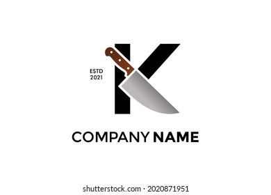 Bold and Strong illustration logo design Initial K combining with cooking knife. Logo can work as well in a small size and black white color.
