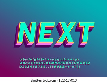 Bold and strong modern typeface, Modern Bold Font 3D effect, vibrant cool style alphabet, numbers and symbols