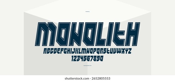 Fonte geométrica vetorial em negrito e forte para logotipos e marcas, alfabeto de letras pesadas para cartazes e publicidade, fonte tipográfica com letras gordas enormes, versão em itálico.