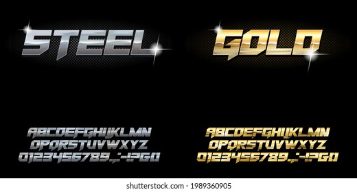 Bold Style Alphabet Font Set On A Dark Background, Gold And Steel.