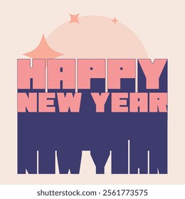 Bold Styled Cartoon Styled Happy New Year Typography Art with Blinking Star in Pastel Peach Color