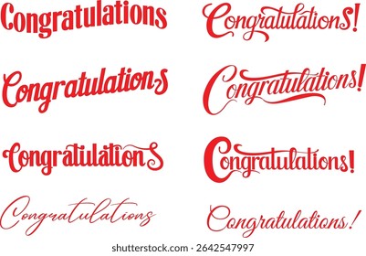 A bold and stylish collection of red "Congratulations" text designs, each in unique artistic fonts, ideal for greeting cards and celebratory graphics.