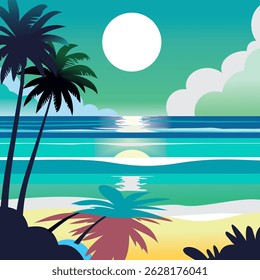 Bold and stylish flat vector illustration designed for apparel printing. This tropical beach scene features a golden sunrise over turquoise waters with silhouetted palm trees in the foreground. 