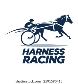 A bold and stylish harness racing logo showcasing the silhouette of a trotting horse and rider in a sulky. The design emphasizes speed, elegance, and tradition, making it ideal for racing 