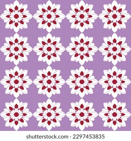 Bold and stylish repeating pattern in red, white, and purple features geometric checkerboard design with stylized flower motifs inspired by the peppermint clematis flower theme.