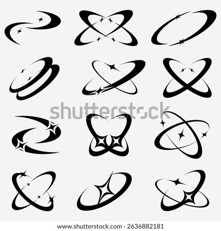 A bold and stylish set of 12 Y2K inspired cosmic orbit icons featuring glossy swooshes, starbursts, and dreamy loops. Designed in high contrast black with smooth, fluid lines 