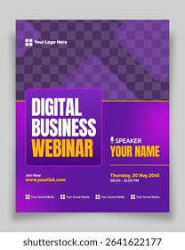 A bold and stylish template suitable for creative industries. The rich purple tones paired with glowing yellow text create a high impact design for eye-catching webinar promotions.