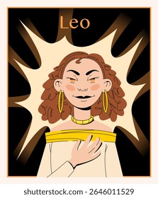 Vetor ousado e elegante do signo do zodíaco de Leão como uma mulher confiante com detalhes inspirados em leões e uma presença feroz. Uso em horóscopos ou obras de arte místicas.