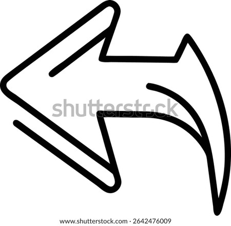 A bold, stylized arrow with a curved tail points left, suggesting return or undo. The outline is simple, modern, and perfect for user interfaces and web design.