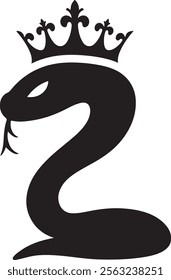 A bold stylized black silhouette of a Snake With a crown.