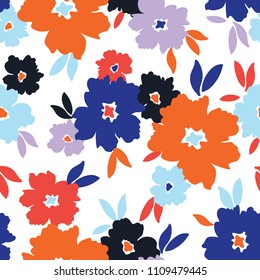 Bold stylized flowers scattered on white background vector seamless pattern