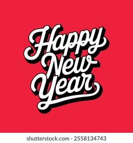 A bold, stylized graphic design featuring the text "Happy New Year" in a modern, hand-drawn typeface.