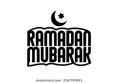 A bold, stylized graphic design featuring the Arabic phrase "Ramadan Mubarak." The words are presented in a layered, speech bubble-like format, with a crescent moon and star icon above.