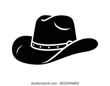 A bold, stylized graphic illustration of a traditional western cowboy hat featuring a decorated hatband, presented as a flat black silhouette icon.