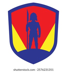A bold, stylized image of a warrior silhouette holding a spear, positioned within a shield-shaped insignia.