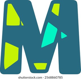 A bold, stylized letter M in teal with geometric cutouts in lime green and cyan. Perfect for modern design projects, logos, and creative typography