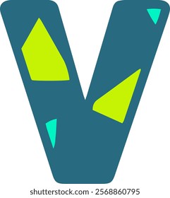 A bold, stylized letter V in teal with bright green and light blue geometric shapes embedded within. Perfect for modern design projects, typography, and creative branding