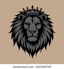 A bold and stylized lion's head in black and gray tones on sandy beige background