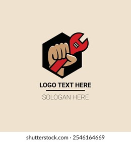 A bold, stylized logo featuring a clenched fist holding a red wrench, symbolizing strength and craftsmanship. Set within a black hexagon on a beige background, with customizable text placeholders belo