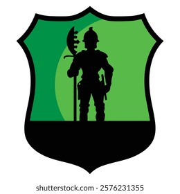 A bold, stylized silhouette of a medieval warrior in armor, holding a weapon, is featured on a shield-shaped emblem.
