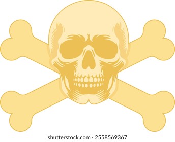 A bold and stylized skull and crossbones vector illustration with clean lines and a monochromatic yellow palette.