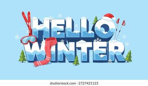 Texto audaz y estilizado "Hola Invierno" adornado con nieve, equipo de esquí y árboles de hoja perenne, celebrando la temporada de invierno.