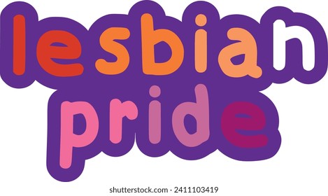 Bold, stylized text that reads "lesbian PRIDE" set against a white background, with each letter outlined and colored from purple to orange in a gradient effect.